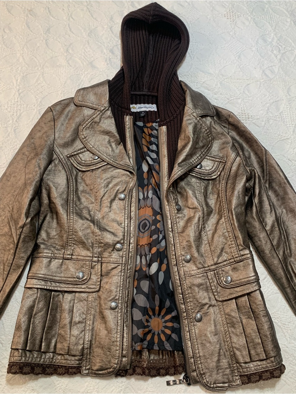Metallic Bronze Hooded Leather Jacket with Knit Hood